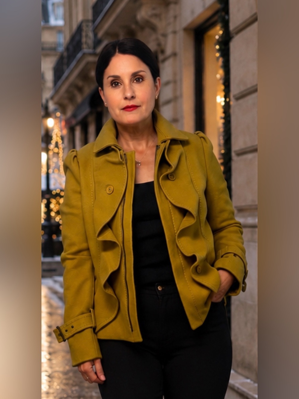 BCBGMaxAzria Olive Green Ruffle-Front Peacoat M